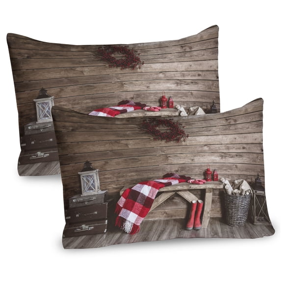 Winter Pillow Sham Set of 2, Cozy Vibes Picture Cottage Style Christmas Theme Rustic Look Indoor View, Quality Microfiber Bedding Item for All Seasons, 26" x 20", Taupe and Dark Pink, by Ambesonne