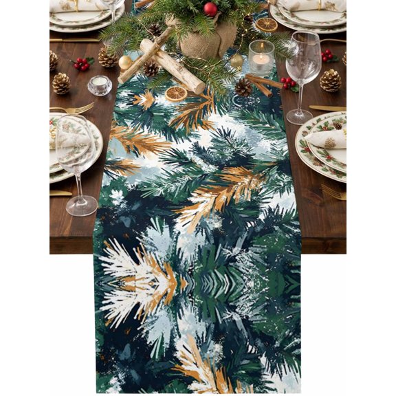 Winter Pine Branch Table Runner 48 Inches Long, Woodland Forest Green Conifer Needle Twig Shadow Cotton Linen Dining Table Runner Dresser Scarves for Home Kitchen Party Decor 13"x48"