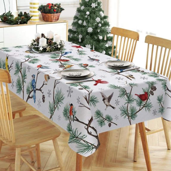 Winter Pine Branches Birds Rectangle Tablecloth 60 x 84 Inch, Cardinal Chickadee Bluebird Decorative Table Cloth Farmhouse Dining Table Cover, Christmas Holiday Dinner Party Picnic Decoration