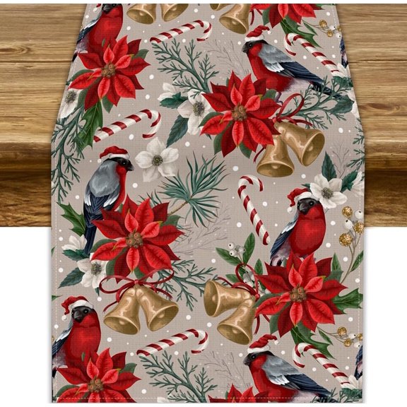 Winter Pine Branches Table Runner, Red Birds Berry Xmas Red Flowers Farmhouse Christmas Holiday Home Decoration Kitchen Dining Indoor Outdoor Party 13.8x90in