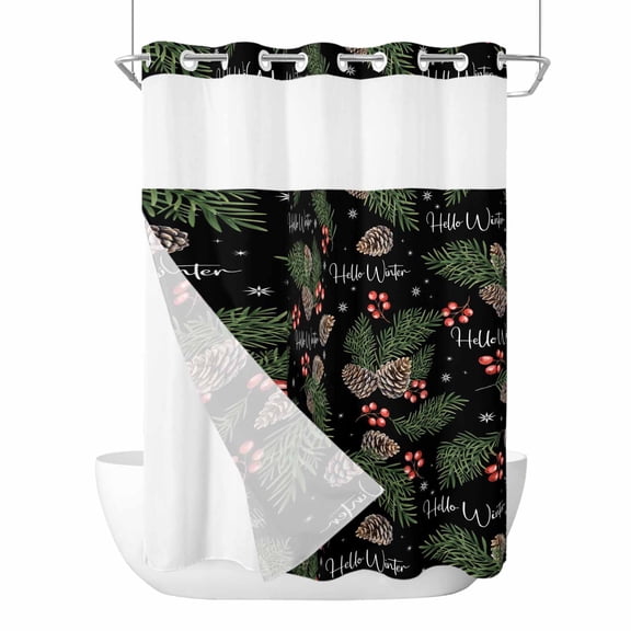 Winter Pine Cone Berry Spruce Leaf No Hook Shower Curtain with Snap in Liner Set,Christmas Plant on Black Waterproof Fabric Shower Curtains with See Through Top Window for Bathroom,60Wx72L