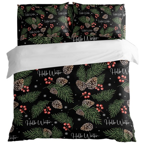 Winter Pine Cone Berry Spruce Leaf King Size Bed Set,Plant on Black Bedding for All Seasons,4 Pcs Bed Set with 1 Quiltcover (104"x90"),1 Sheet (108"x98"),2 Pillowcases (20"x36")