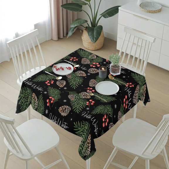 Winter Pine Cone Berry Spruce Leaf Table Cloth 54x54in, Waterproof Square Tablecloth Wipeable Tablecloths Christmas Plant on Black Table Covers for Dining Tables Party Indoor Outdoor