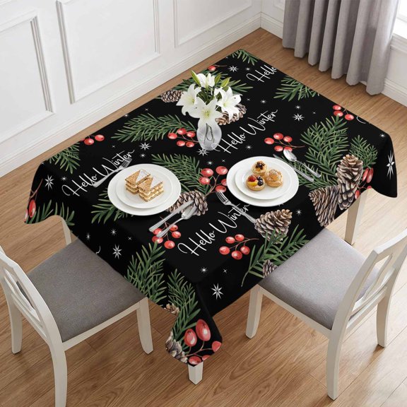 Winter Pine Cone Berry Spruce Leaf Table Cloth 60x84in, Waterproof Rectangle Tablecloth Wipeable Tablecloths Christmas Plant on Black Table Covers for Dining Tables Party Indoor Outdoor