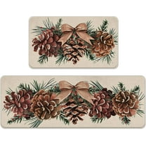 Winter Pine Cone Kitchen Rugs Set of 2, Bow Pine Needle Red Berry Kitchen Mats Decor, Christmas Seasonal Floor Door Mat Home Decorations - 17x29 and 17x47 Inch