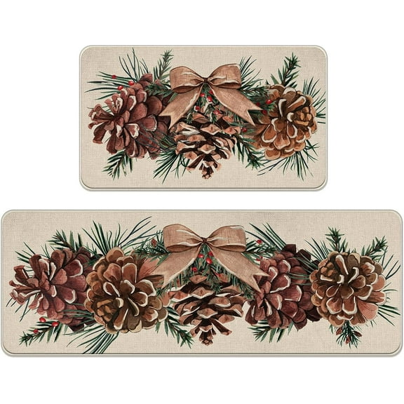Winter Pine Cone Kitchen Rugs Set of 2, Bow Pine Needle Red Berry Kitchen Mats Decor, Seasonal Floor Door Mat Home Decorations - 17x30 and 17x47 Inch
