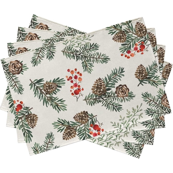Winter Pine Cone Needle Branch Berry Placemats Set of 4, Watercolor Botanical Tabletop Dining Table Place Mats Home Kitchen Decor, Christmas Farmhouse Holiday Rustic Decoration 12 x 18 Inch