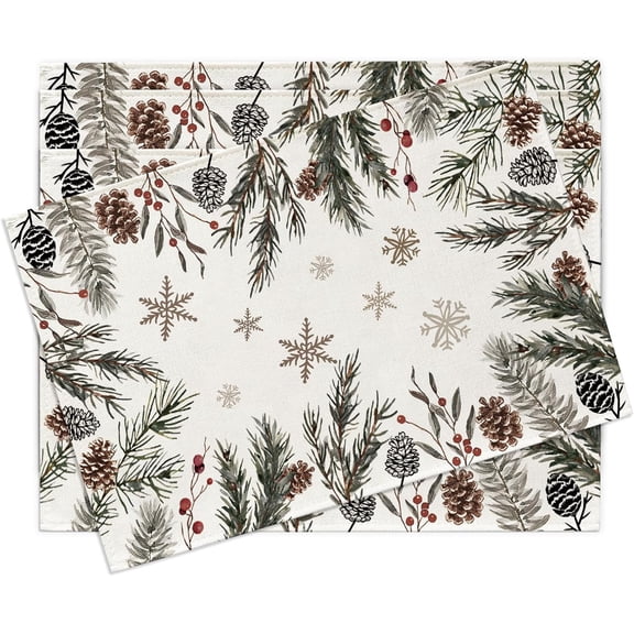 Winter Pine Cone Needle Placemats Set of 4, Red Berry Snowflake Dining Place Mats Table Decor, Farmhouse Rustic Christmas Home Kitchen Decoration 12 x 18 Inches