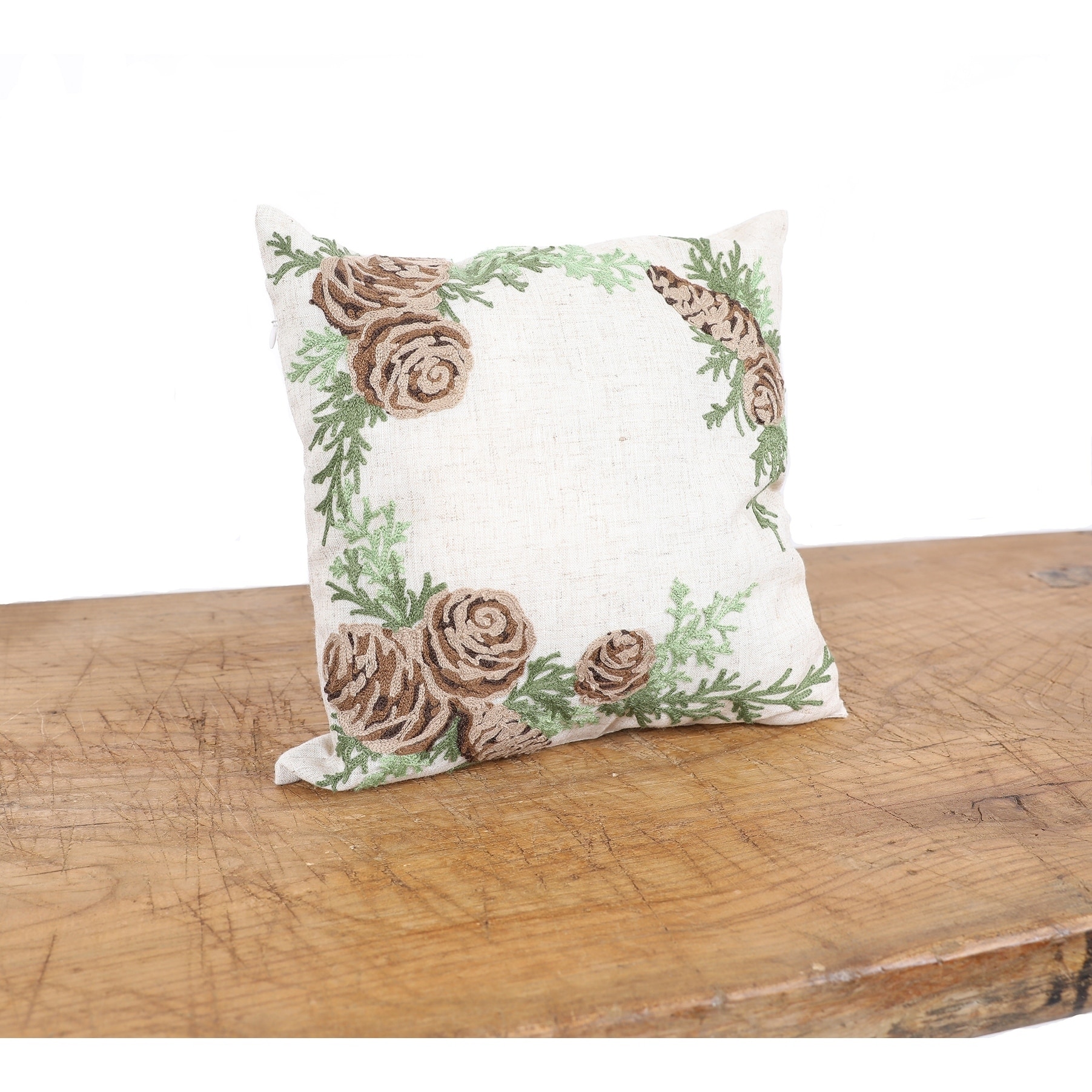 Winter Pine Cones & Branches Embroidered 14"x14" Pillow
