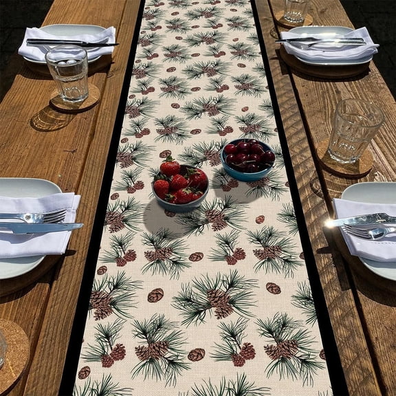 Winter Pine Cones Branches Table Runner, Pine Needles Tabletop Scarf Home Kitchen Green Black Christmas Decor, Seasonal Farmhouse Rustic Burlap Dining Decorations Party Supply 13 x 36 Inch