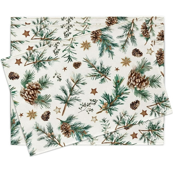 Winter Pine Cones Placemats Set of 4, Pine Needles Branches Stars Dining Place Mats Table Decor, Christmas Seasonal Home Kitchen Decoration 12 x 18 Inches