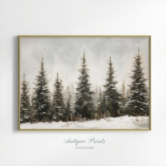 Winter Pine Forest Wall Art, Vintage Snowy Landscape Winter Festive Print, Rustic Farmhouse Festive Decor Poster, Unframed Poster Size 8x12