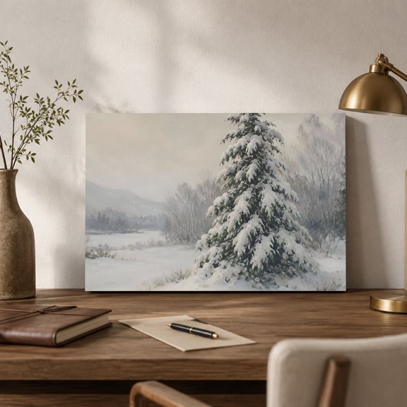 Winter Pine Tree Canvas Wall Art, Christmas Snowy Xams Tree Snowy Plain Rustic Wall Art Prints Artwork Framed Canvas Ready to Hang Art Pictures for Bathroom Nightstand, Narrow Hallway 14" x 11"