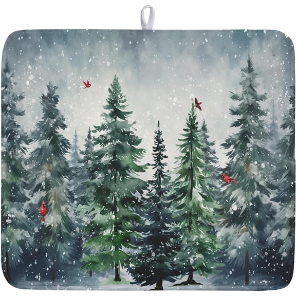 Winter Pine Tree Dish Drying Mat for Kitchen Counter 16x18 Inch Winter Snowflake Xmas Forest Dish Draining Mat Christmas Decorations Fast Absorbent Tableware Dishes Pad for Coffee Bar Countertop