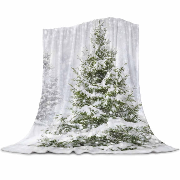 Winter Pine Tree Flannel Blanket for Bed,Travel and Camping, Snowflakes Christmas Tree Plant Super Soft Cozy Blanket for All Seasons 60"x80"