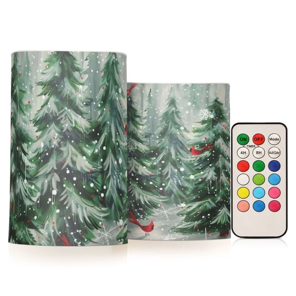 Winter Pine Tree Flickering Flameless Candles Battery Operated with Remote Timer LED Pillar Candles Set of 2