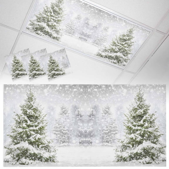 Winter Pine Tree Fluorescent Light Covers Snowflakes Christmas Tree Plant Magnetic Light Filters Ceiling Lighting Panel Shade for Classroom Office Home 2 x 4 ft, 3 Pack