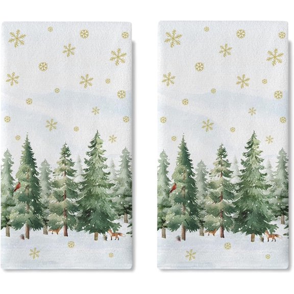 Winter Pine Tree Forest Kitchen Dish Towels Set of 2, Snowy Woodland Gold Snowflake Drying Hand Towel Baking Cooking Cloth, Farmhouse Christmas Bird Fox Bathroom Home Decoration 18'''' x 26''''