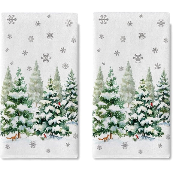 Winter Pine Tree Forest Kitchen Dish Towels Set of 2, Snowy Woodland Snowflake Drying Hand Towel Baking Cooking Cloth, Farmhouse Christmas Bird Fox Bathroom Home Decoration 18'''' x 26''''