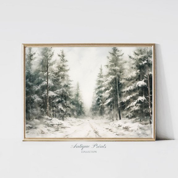 Winter Pine Tree Forest Wall Art, Winter , Winter Farmhouse Decor, Rustic Snowy Landscape Horizontal Poster, 638, Unframed Canvas Size 24x36