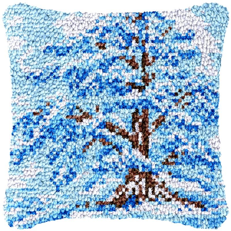 Winter Pine Tree Latch Hook Pillow Cover Kits for DIY Handmade Throw Pillow Cross Stitch Latch Hook Pillowcase Rug Kits with Preprinted Color Pattern Canvas Crochet Yarn Kits 17''X 17''(fv107)