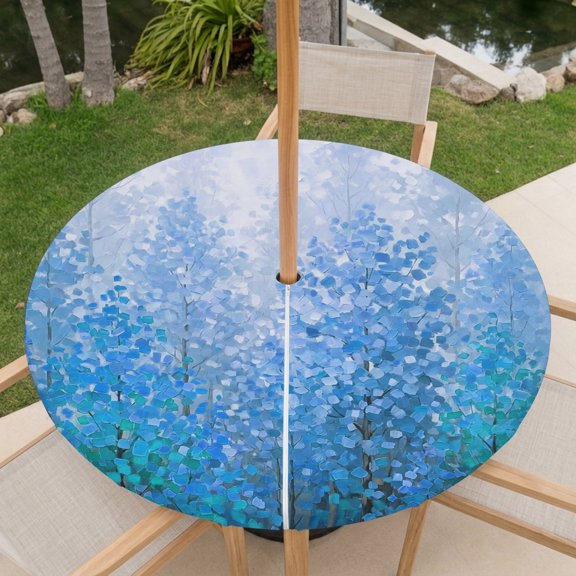 Winter Pine Tree Outdoor Tablecloth with Umbrella Hole, Rustic Blue Forest Pine Trees Oil Painting Round Fitted Tablecloth Waterproof Table Cover with Zipper for Patio Garden Fits 36"-44" Table