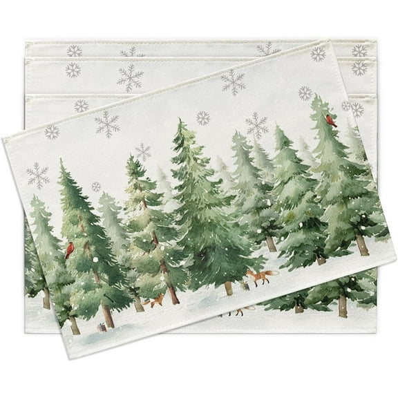 Winter Pine Tree Placemats Set of 4, Forest Cardinal Birds Fox Snowflake Dining Place Mats Table Decor, Farmhouse Rustic Christmas Woodland Home Kitchen Decoration 12 x 18 Inches