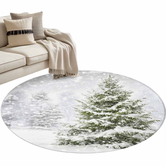 Winter Pine Tree Round Area&nbsp;Rug 3ft Snowflakes Christmas Tree Plant Non-Slip&nbsp;Washable Circle Rugs Soft Felt Indoor Floor Mat for Bedroom Kitchen Living Room Bathroom