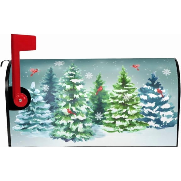 Winter Pine Tree Welcome Mailbox Cover, Christmas Xmas Cardinal Snow 21" Lx 18" W Magnetic Mailbox Cover, Green Forest Red Bird Standard Post Letter Box Wrap for Garden Yard Decoration