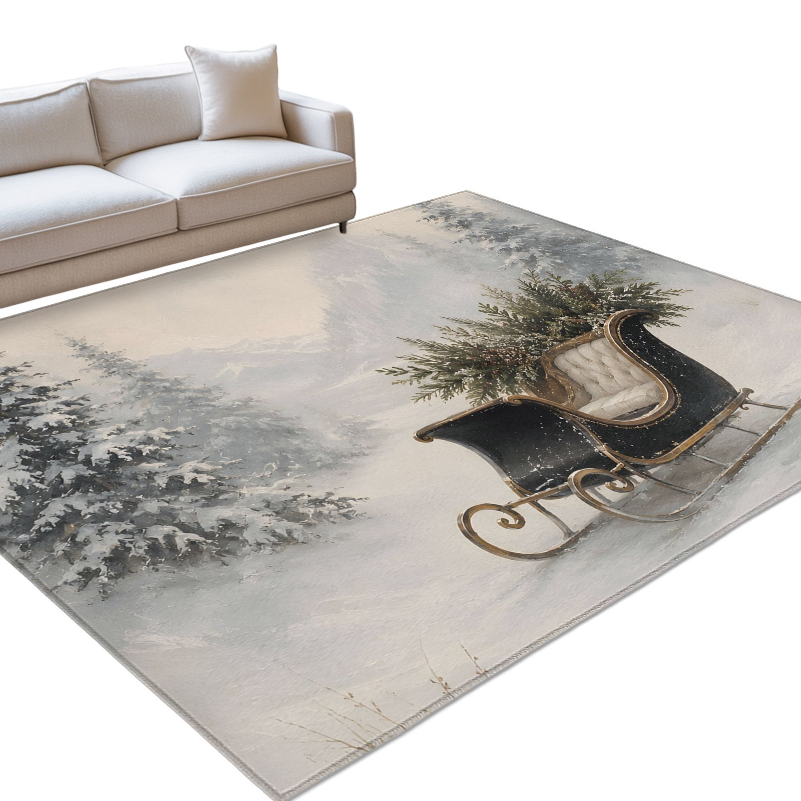 Winter Pine Trees Area Rug 4'x6', Country Wooden Sleigh Snow-Covered ...