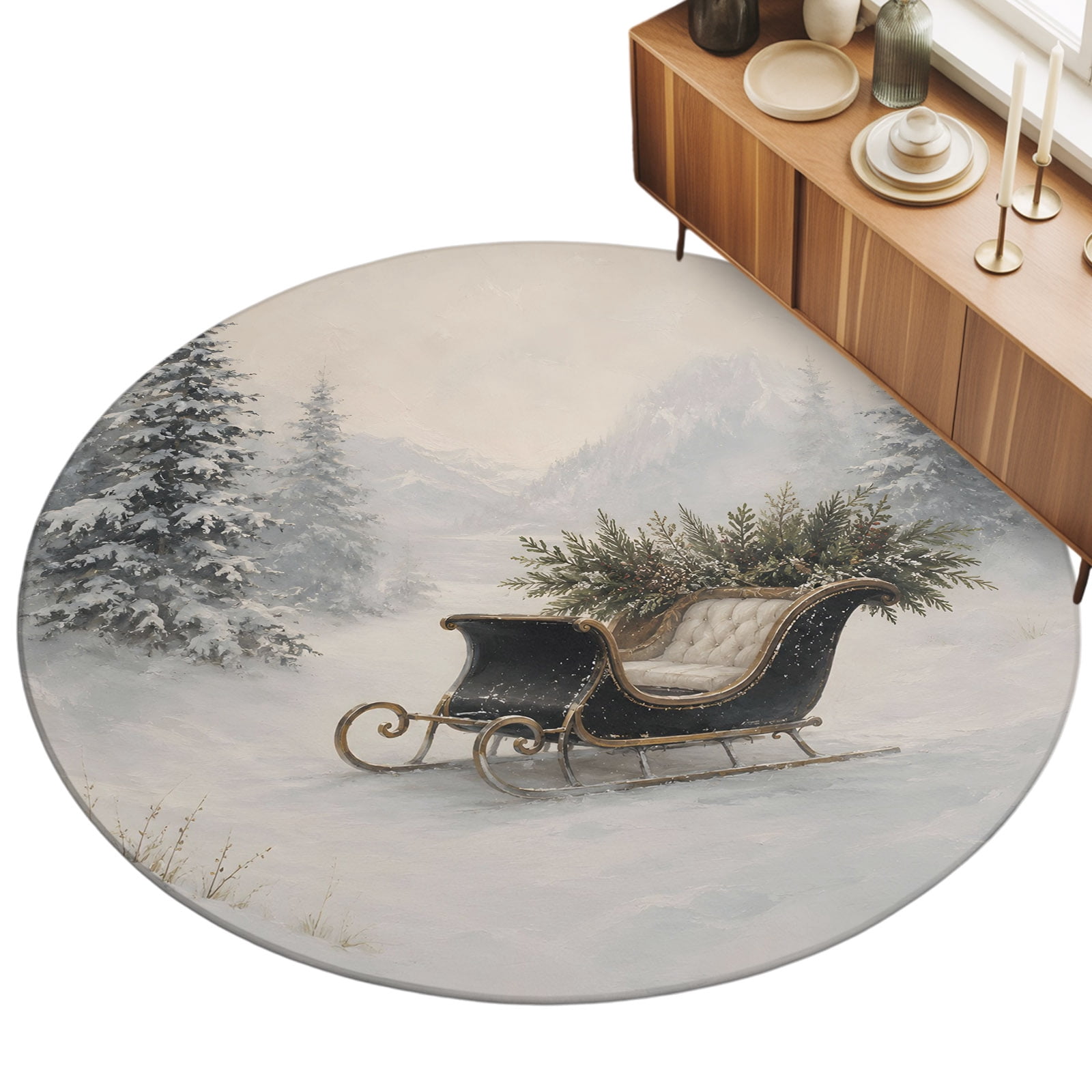 Winter Pine Trees Area Rug 5', Country Wooden Sleigh Snow-Covered Field ...
