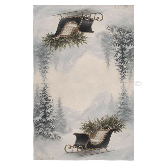 Winter Pine Trees Kitchen Towels Dish Towel Pack of 1 Country Wooden Sleigh Snow-Covered Field Soft Dish Cloth Set Absorbent Dishcloth for Drying Dishes, Hand Towels 18 x 28 Inches
