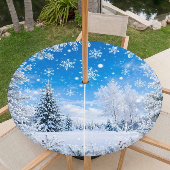 Winter Pine Trees Outdoor Tablecloth with Umbrella Hole, Nature Snowflakes Forest Birch Trees Country Rustic Round Fitted Tablecloth Waterproof Table Cover with Zipper for Patio Fits 31"-35" Table
