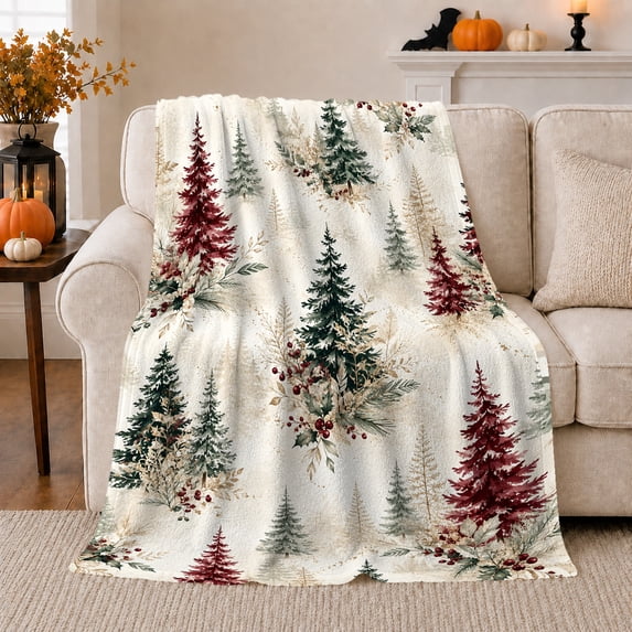 Winter Pine Trees with Red Berries and Snow, Rustic Holiday Style for Nature Lovers, Evergreen Forest Pattern and Christmas Gift, Cozy Flannel Blanket for Cabin and Living Room, Home Decor