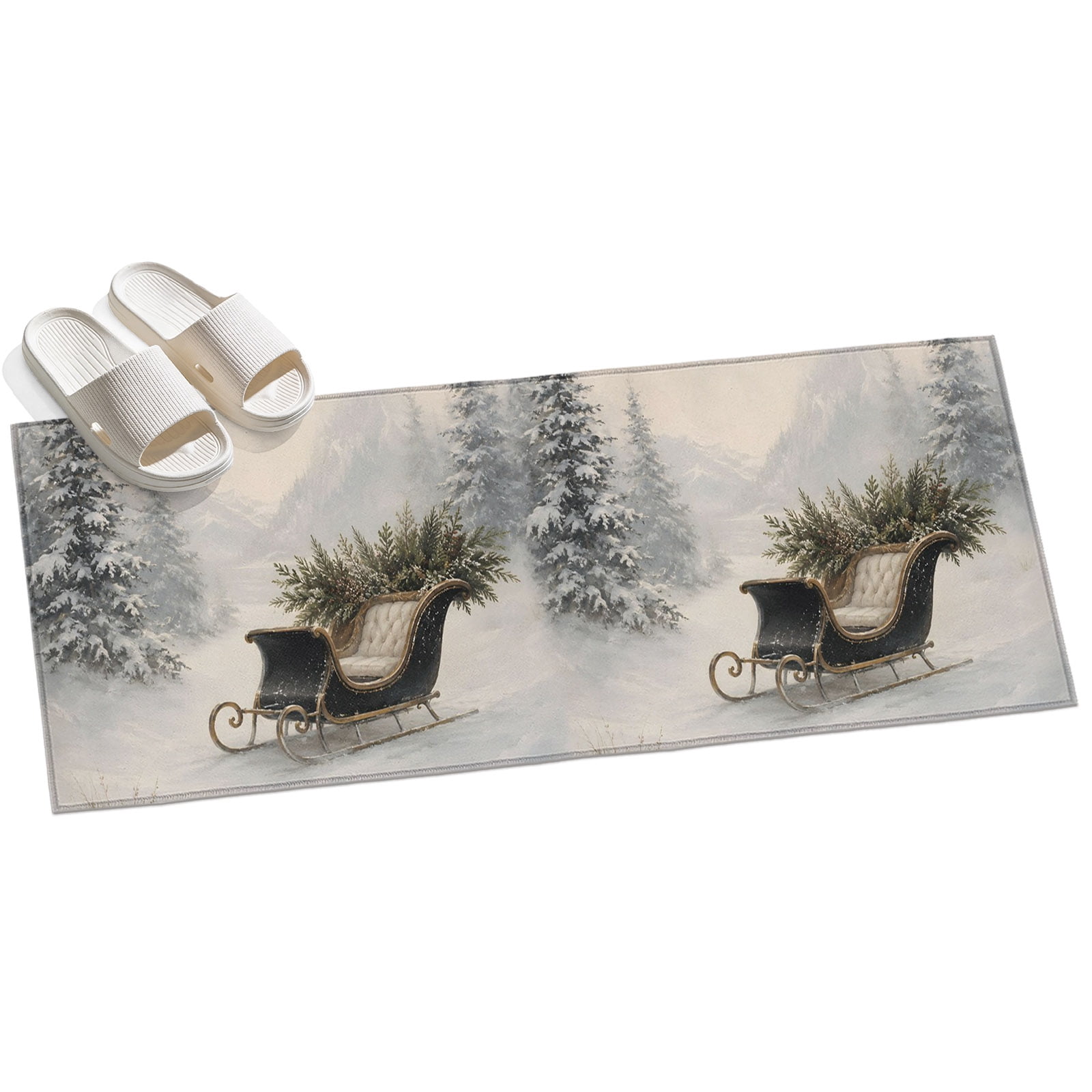 Winter Pine Trees Runner Rug 2.6'x8', Country Wooden Sleigh Snow ...