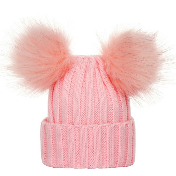 Winter Pink Baseball Cap Boys Girls Solid Color Knit Hat Beanie Hairball Warm Acrylic