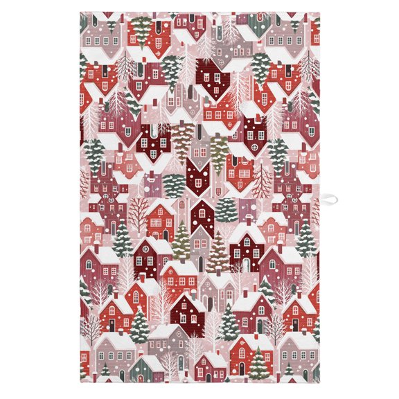 Winter Pink Cottages Kitchen Towels Dish Towel Pack of 1 Christmas Red Crimson House Snow Pine Tree Soft Dish Cloth Set Absorbent Dishcloth for Drying Dishes, Hand Towels 18 x 28 Inches