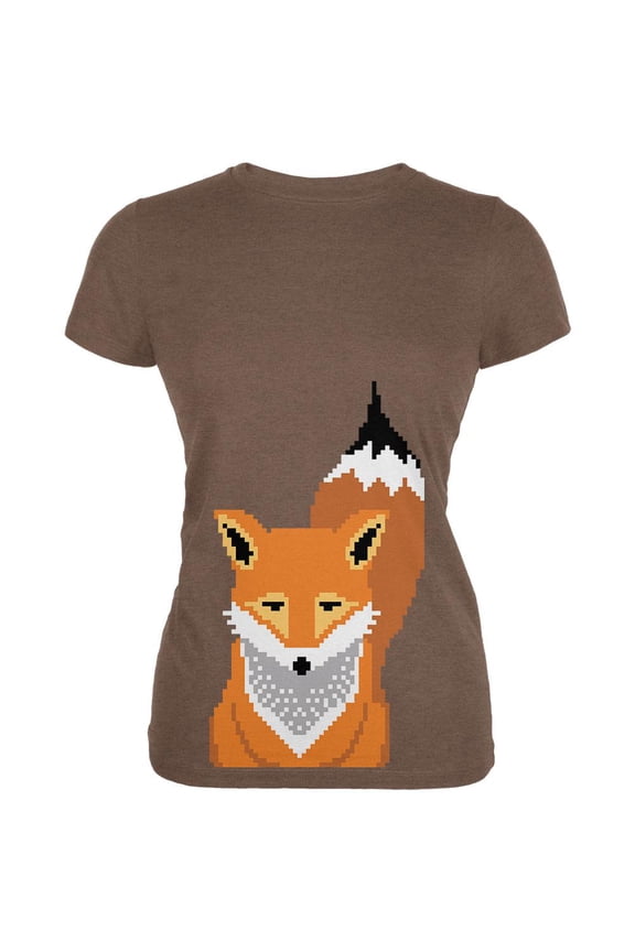 Winter Pixelated Fox Heather Brown Juniors Soft T-Shirt - Medium