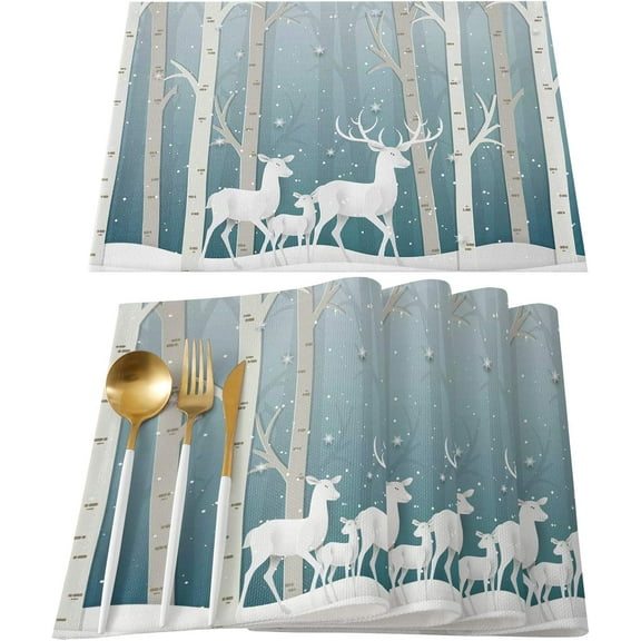 Winter Placemat For Dinning Table,Christmas Placemat Set Of 6-Cotton Linen Waterproof Cloth Table Mat-Forest Reindeer Place Mat,Machine Washable Easy Clean Fabric,Rustic Farmhouse Holiday Dinner Decor