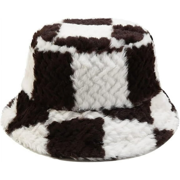 Winter Plaid Bucket Hat Faux Fur Fluffy Plush Fisherman Cap for Women Men Teens Girls Warm Cloche Hats