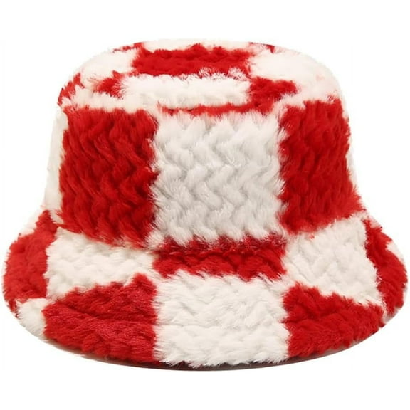 Winter Plaid Bucket Hat Faux Fur Fluffy Plush Fisherman Cap for Women Men Teens Girls Warm Cloche Hats