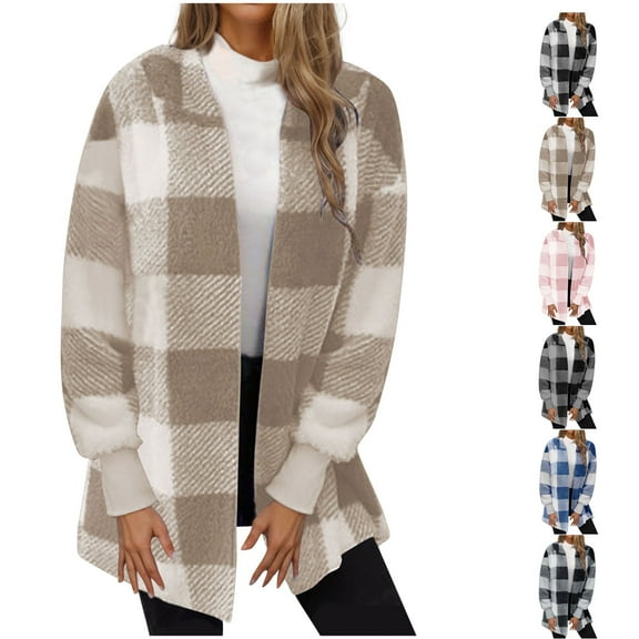 Winter Plaid Jackets for Womens Fashion Plus Size Double-sided Fleece Plaid Long Sleeved Long Coat Jacket Cardigan Overcoat Top