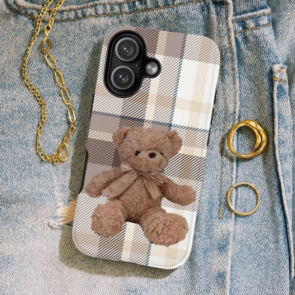 Winter Plaid Teddy Bear Tough Phone Case iPhone 17 11 12 13 14 15 16 Pro Max