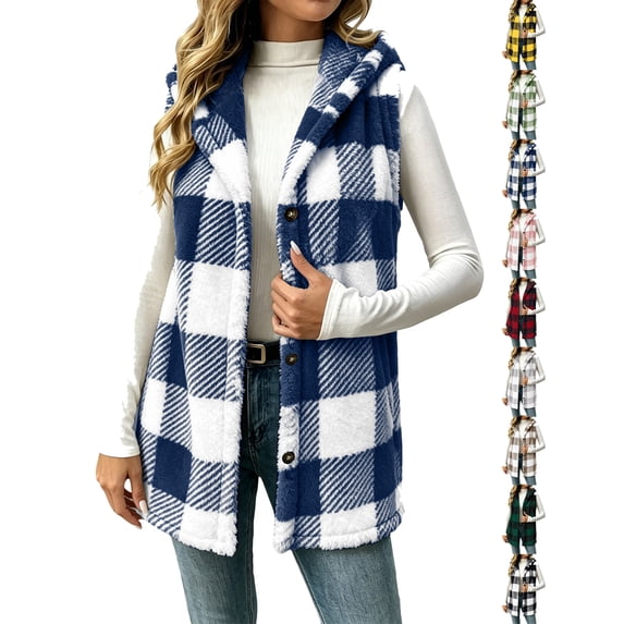 Winter Plaid Vest Jackets for Women Oversized Double-sided Sleeveless Casual Hooded Cardigan Jacket