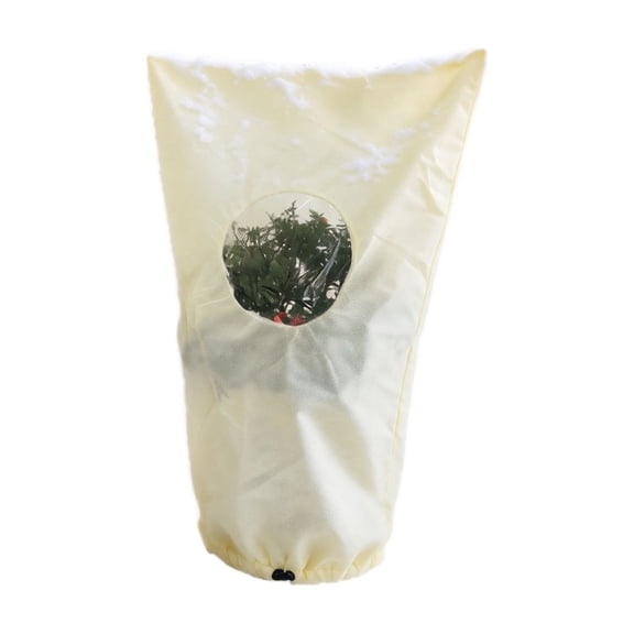 Winter Plant Protection Cover with Clear Window - Beige Breathable Frost Blanket Bag with Drawstring for Outdoor Potted Plants & Shrubs,L