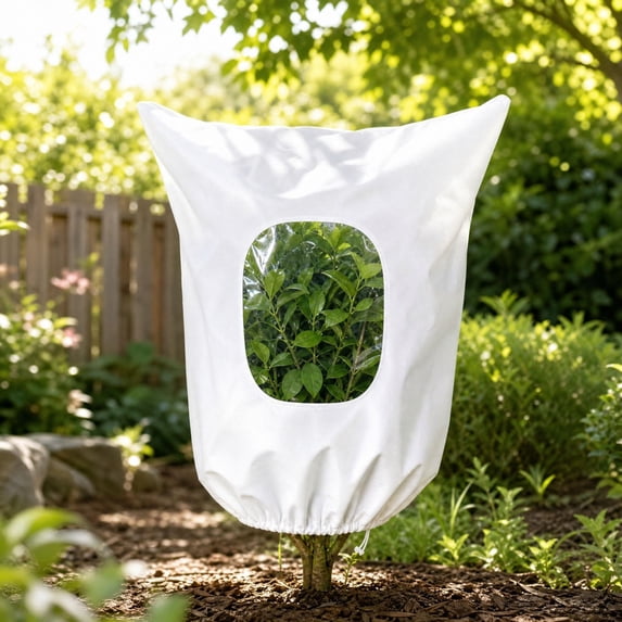 Winter Plants Cover with Clear Window Drawstring Non Woven Blanket Jacket Frost Protection for Outdoor Fruit Trees Potted Plants Shrubs Garden Cold Wind Antifreeze Tree, White B, 31.5 X 39.4 In