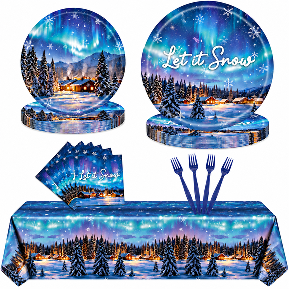 97 Pcs Winter Wonderland Christmas Party Supplies for 24 Guests, Blue Aurora Snowflake Paper Plates and Napkins Set with 9" & 7" Plates, Blue Forks and Tablecloth