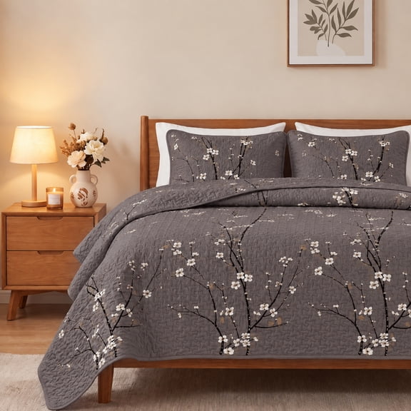 Winter Plum Blossom Pattern Quilted Bedding, Fall Winter Bedspread/Coverlet for Bedroom, with Pillow Sham(Brown,Twin)