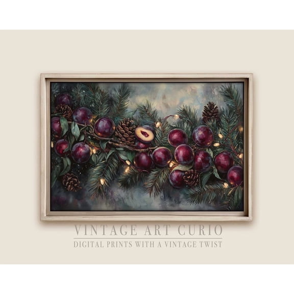 Winter Plum Garland Wall Art Print, Trendy Fruit Plum Garland, Cozy Cottagecore Decor #102 Warm Present Vintage UNFRAMED Poster Size 16x24