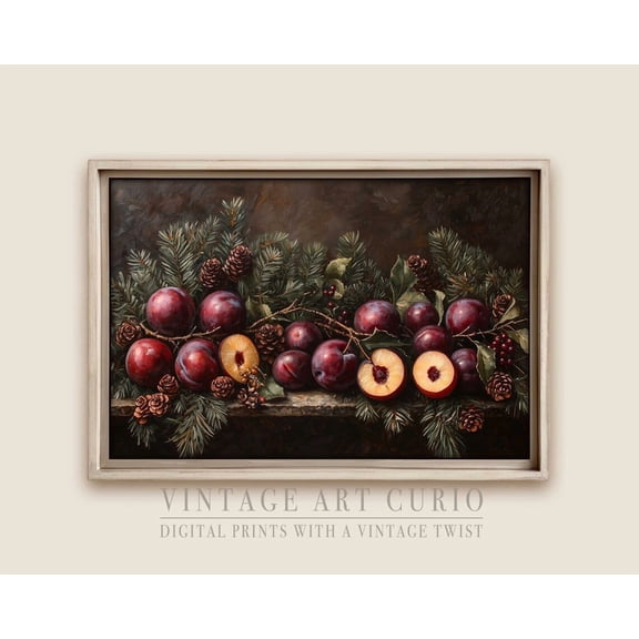 Winter Plum Garland Wall Art Print, Trendy Fruit Plum Garland, Cozy Cottagecore Decor #128 Warm Present Vintage UNFRAMED Poster Size 12x18